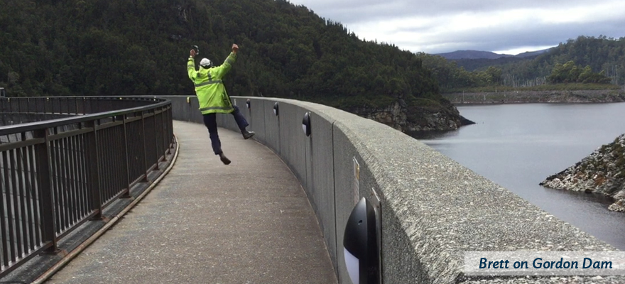 Brett doing an excited jump on Gordon Dam