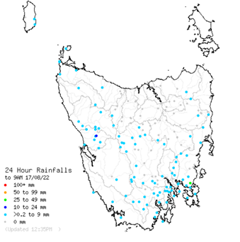 A screen shot of the Bureau of Meteorology's rainfall map of Tasmania from 18/08/2022