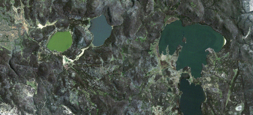 World Wetlands Day. A satellite image of Lagoon of Islands, the bright green blob, as seen from the sky.