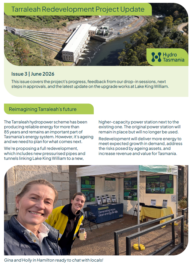 Front cover of a newsletter showing the Tarraleah scheme and staff members