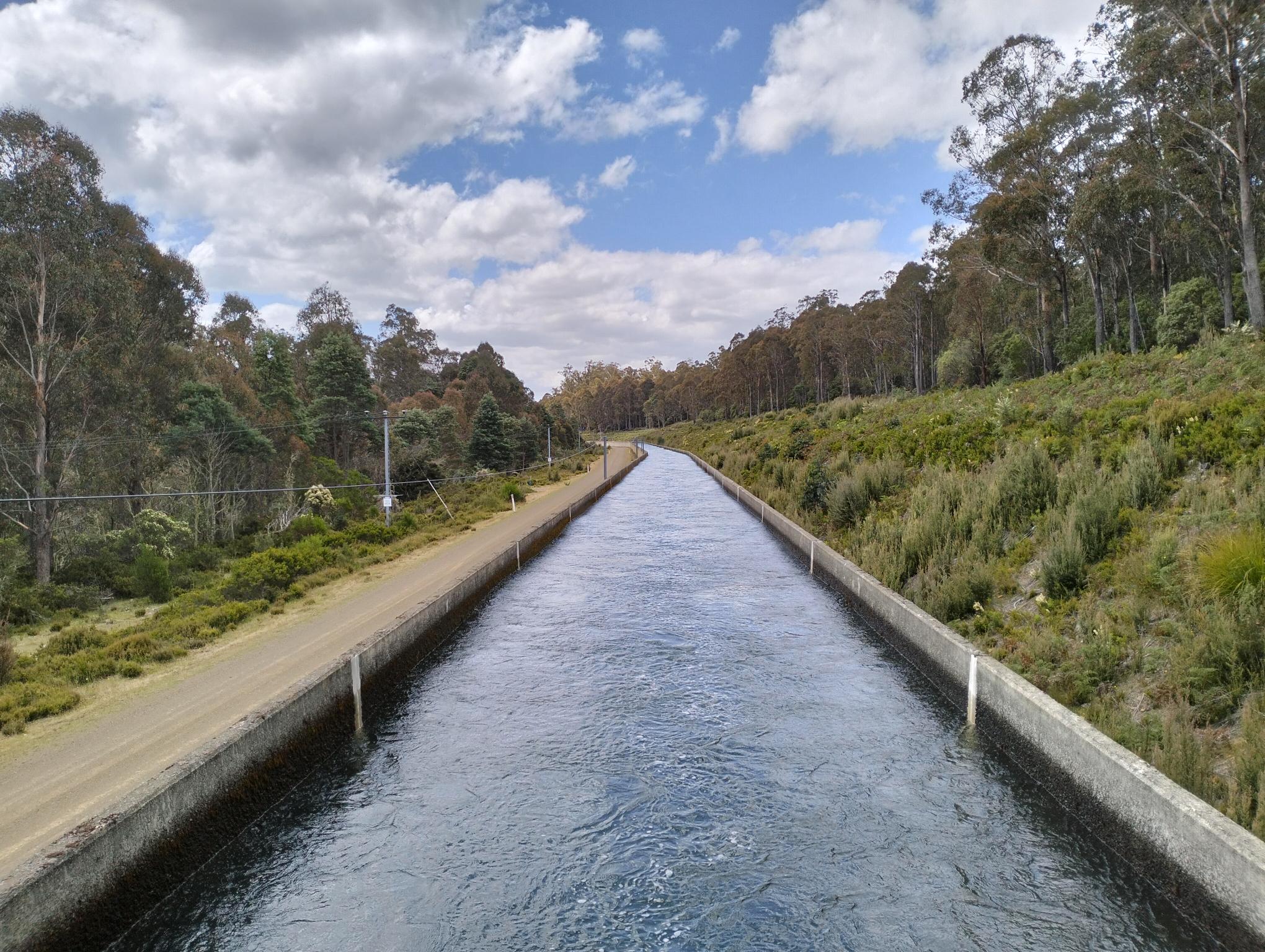 A channel of water with concrete sides in bushland