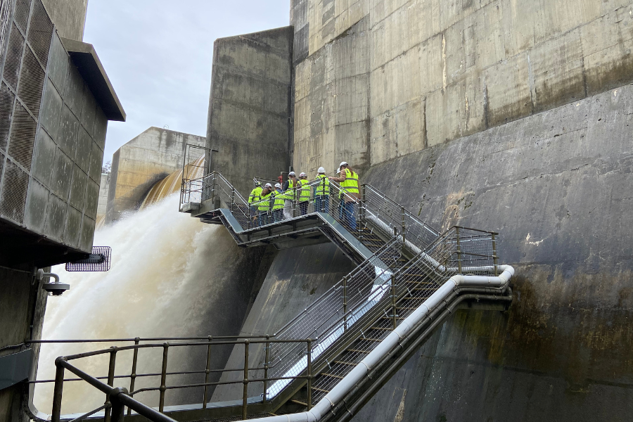 Students at Meadowbank Power Station, with Meadowbank Dam ‘on spill’