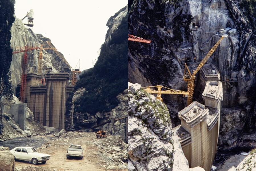 Two images depicting the construction of Gordon Dam. The first shows the dam half-constructed from downstream, with red and yellow cranes hanging overhead. The second is shot from above.