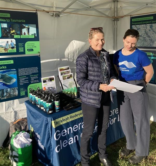 Two people standing in front of a display