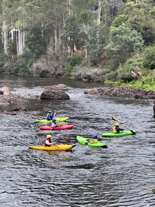 Kayakers paddling on a river