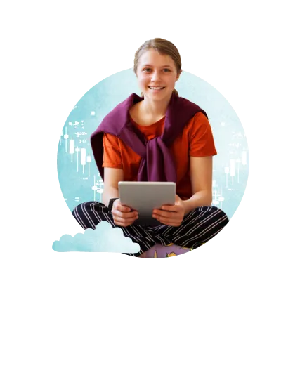 Student sitting cross-legged holding a tablet, with a purple sweater draped over shoulders against a blue background.