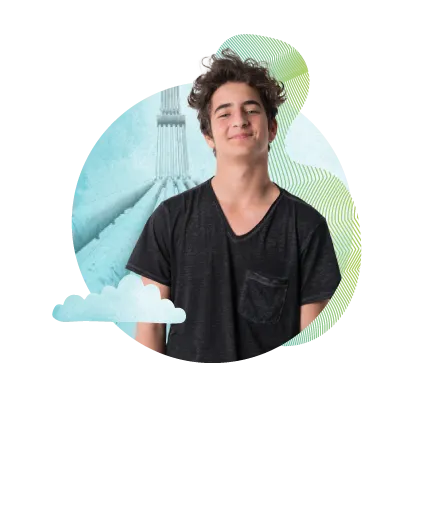 Student in a dark t-shirt standing against a background featuring a bridge illustration and abstract patterns.”