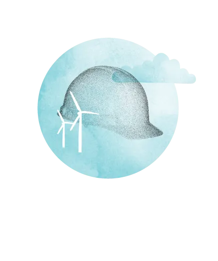 Illustration of a safety helmet with wind turbines and clouds on a blue background