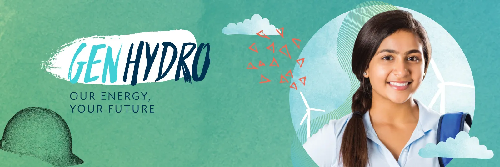 GEN HYDRO banner with Person with a backpack standing against a teal background with wind turbines