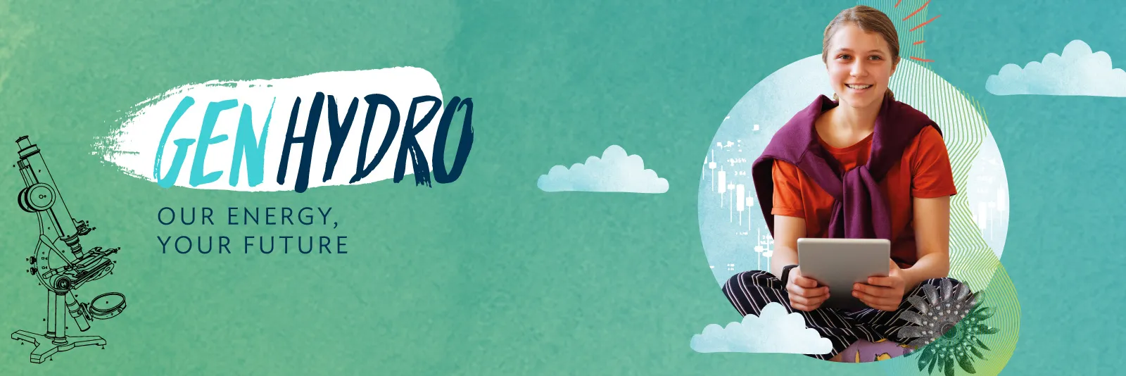 Person holding a tablet with text ‘GEN HYDRO – Our Energy, Your Future’ on a teal background.